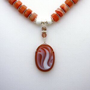 Fire Element Agate Cameo Pendant, Red Lace, White Agate and Bali Silver Necklace